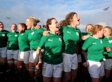 The Irish women celebrate after defeating Scotland.